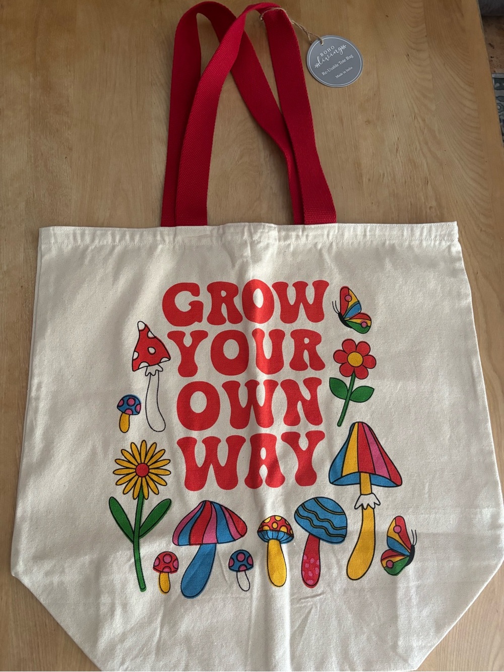 Grow Your Own Way Mushroom Hippie Canvas Tote Bag 19x20 Eco Friendly New